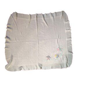 Vintage Welcome Home Knit Baby Blanket, White, Pink Trim, Bunny, Cat Embroidered
